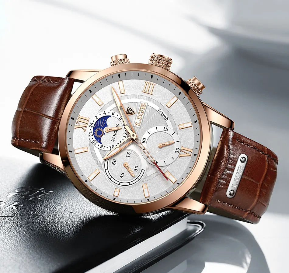 2025 New Men's Watches LIGE Top Brand Luxury Leather Casual Quartz Watch Men's Sport Waterproof Clock Watch Relogio Masculino+Box