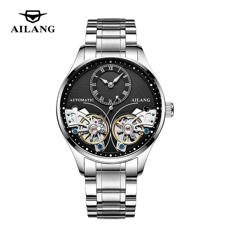 AILANG Brand New Fashion Double Tourbillon Watch for Men Luxury Stainless Steel Waterproof Automatic Mechanical Watches