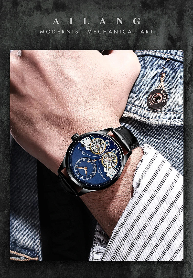 AILANG Brand New Fashion Double Tourbillon Watch for Men Luxury Stainless Steel Waterproof Automatic Mechanical Watches