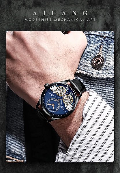AILANG Brand New Fashion Double Tourbillon Watch for Men Luxury Stainless Steel Waterproof Automatic Mechanical Watches