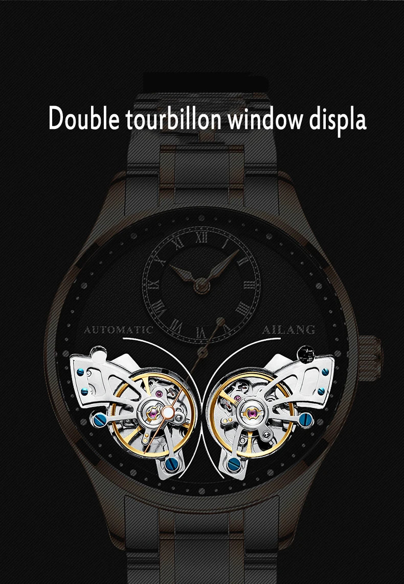 AILANG Brand New Fashion Double Tourbillon Watch for Men Luxury Stainless Steel Waterproof Automatic Mechanical Watches