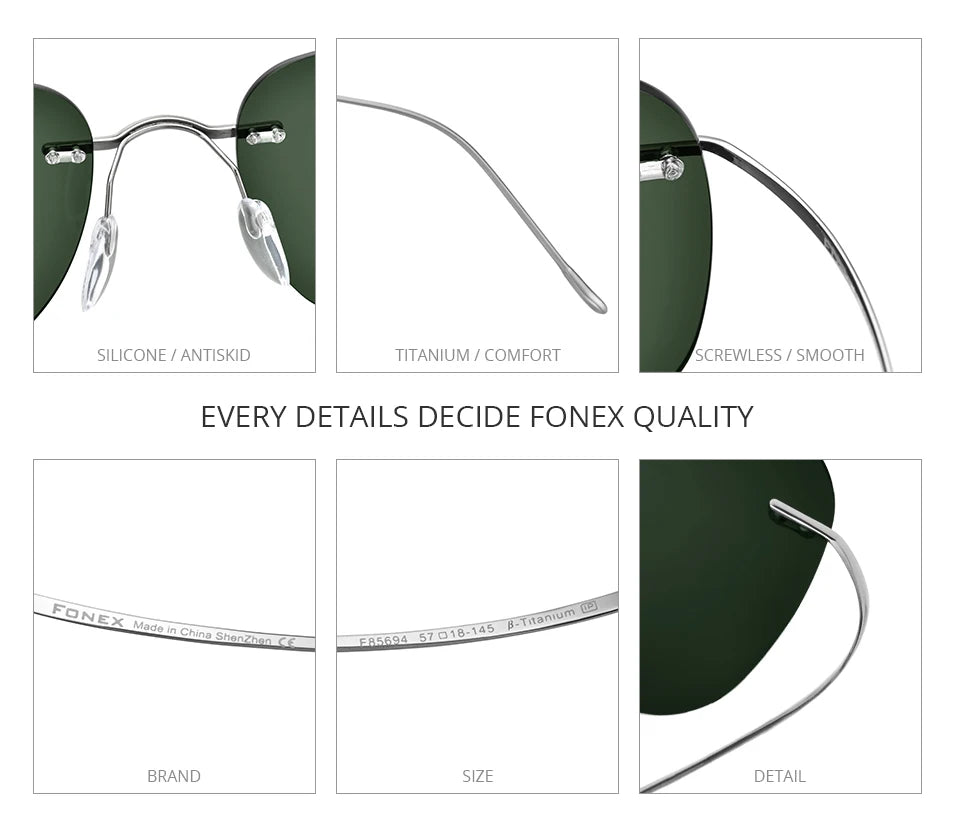 FONEX Titanium Rimless Sunglasses Men Austria Ultralight Frameless Square Polarized Sun Glasses for Women Japanese Shades 85694