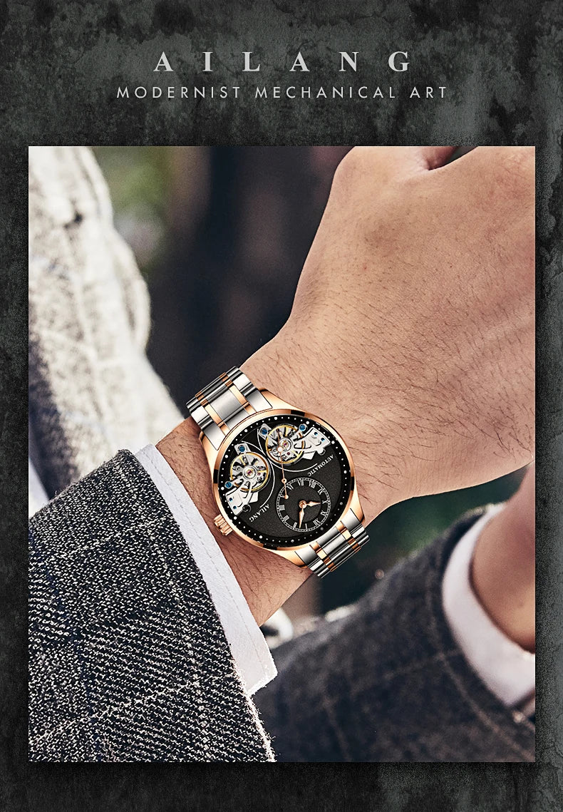AILANG Brand New Fashion Double Tourbillon Watch for Men Luxury Stainless Steel Waterproof Automatic Mechanical Watches