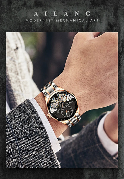 AILANG Brand New Fashion Double Tourbillon Watch for Men Luxury Stainless Steel Waterproof Automatic Mechanical Watches