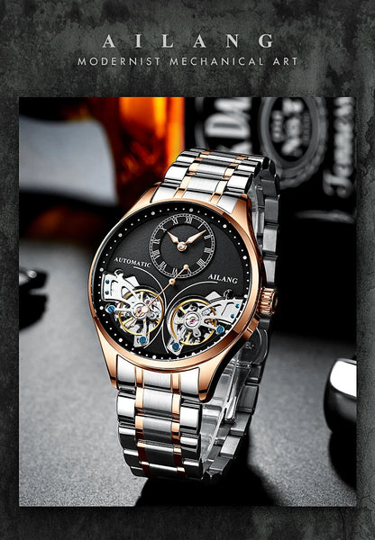 AILANG Brand New Fashion Double Tourbillon Watch for Men Luxury Stainless Steel Waterproof Automatic Mechanical Watches