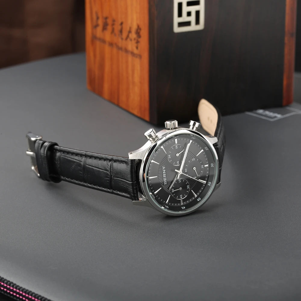 BERNY 24H Chronograph Watch for Men Luxury VD54 Watches Fashion Waterproof Genuine Leather Strap Quartz Sport Men's Wristwatch