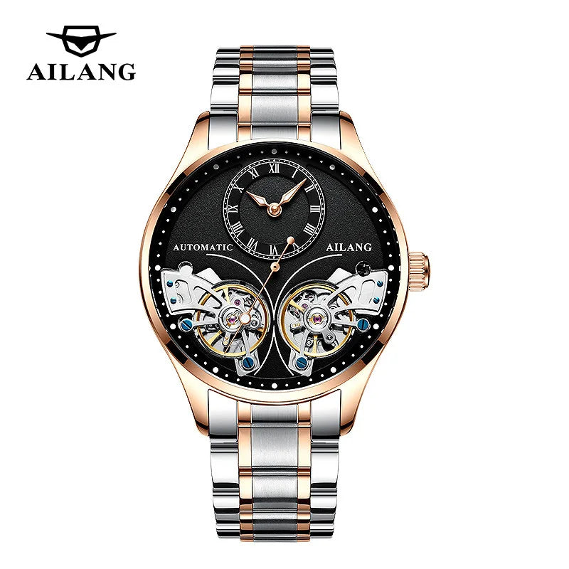 AILANG Brand New Fashion Double Tourbillon Watch for Men Luxury Stainless Steel Waterproof Automatic Mechanical Watches