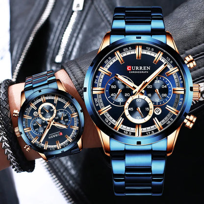 Reloj Curren para hombre con esfera azul, correa de acero inoxidable y fecha, reloj masculino de negocios, resistente al agua, reloj de pulsera de lujo para hombre