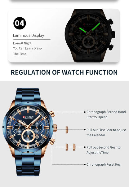 Reloj Curren para hombre con esfera azul, correa de acero inoxidable y fecha, reloj masculino de negocios, resistente al agua, reloj de pulsera de lujo para hombre
