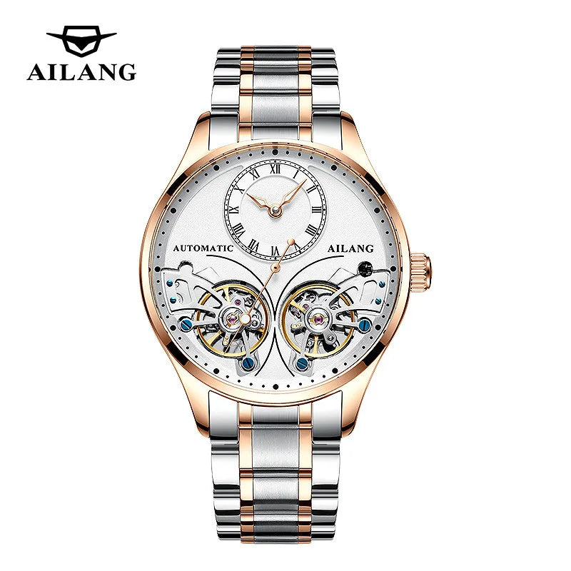 AILANG Brand New Fashion Double Tourbillon Watch for Men Luxury Stainless Steel Waterproof Automatic Mechanical Watches