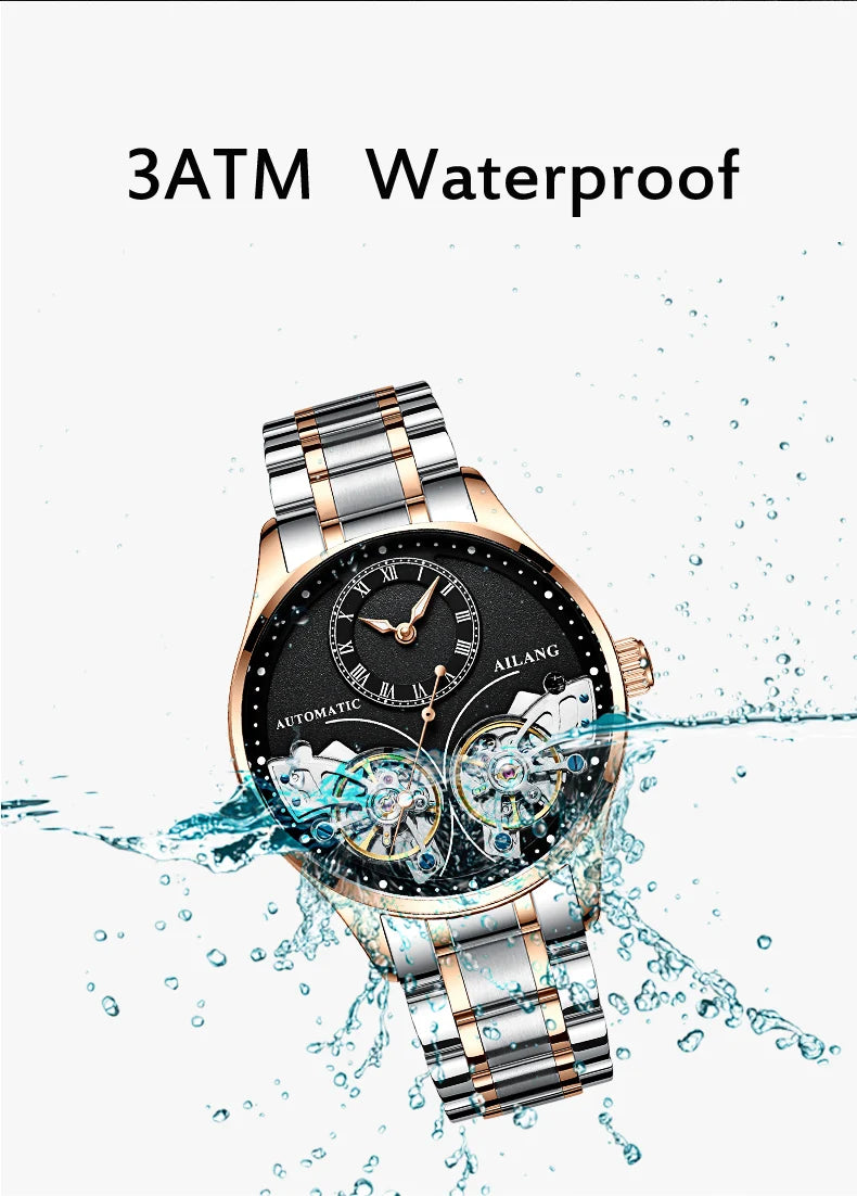 AILANG Brand New Fashion Double Tourbillon Watch for Men Luxury Stainless Steel Waterproof Automatic Mechanical Watches