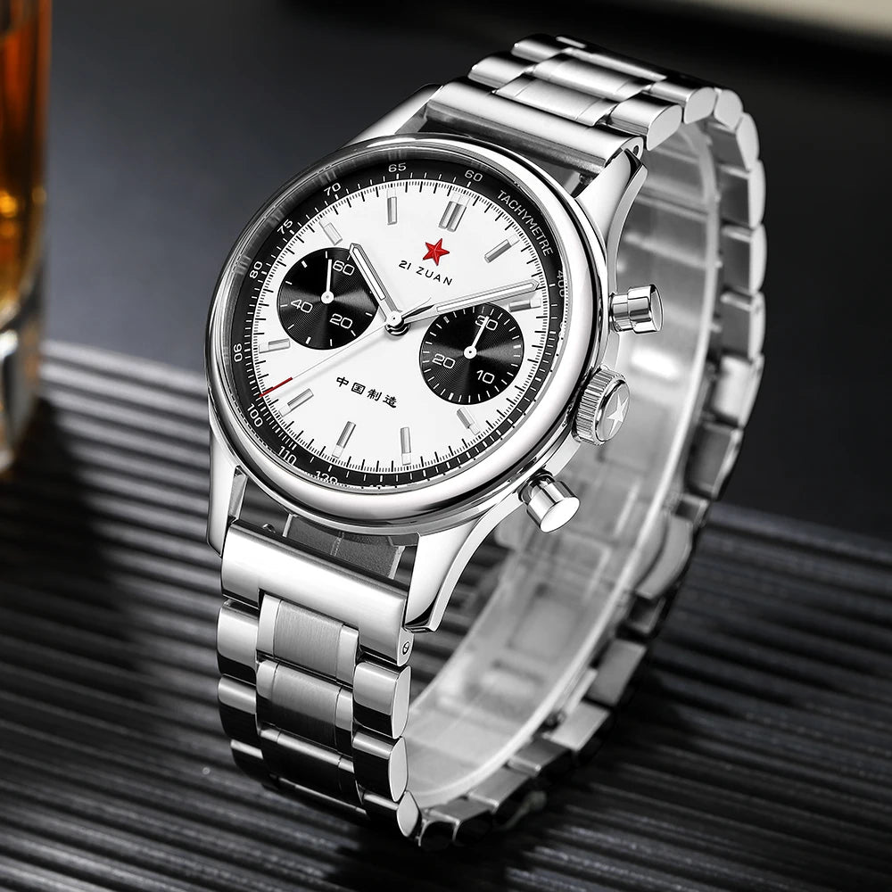 Red Star Panda Men's 1963 Chronograph Mechanical Wristwatch Seagull ST1901 Movement Gooseneck 40mm Luminous Sapphire Pilot Watch