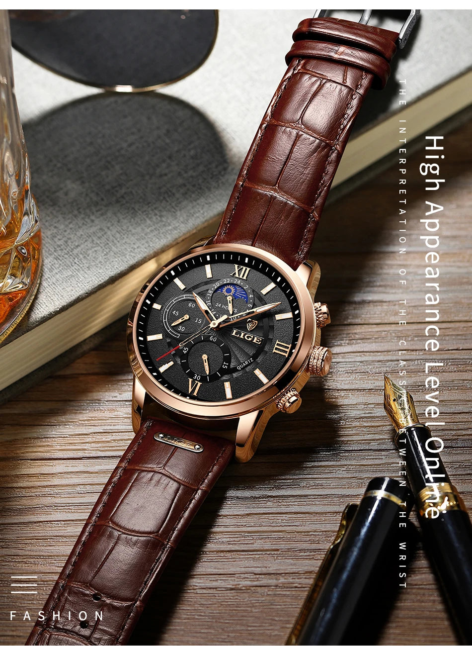 2025 New Men's Watches LIGE Top Brand Luxury Leather Casual Quartz Watch Men's Sport Waterproof Clock Watch Relogio Masculino+Box
