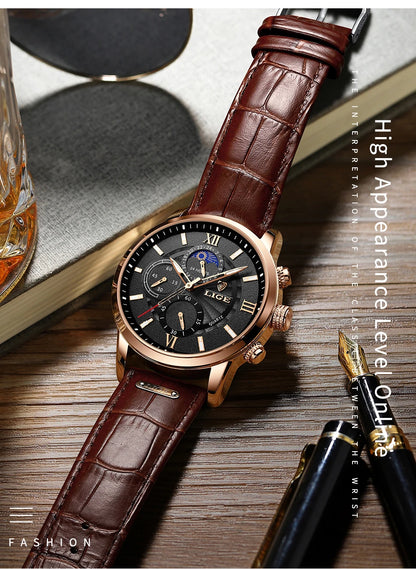 2025 New Men's Watches LIGE Top Brand Luxury Leather Casual Quartz Watch Men's Sport Waterproof Clock Watch Relogio Masculino+Box