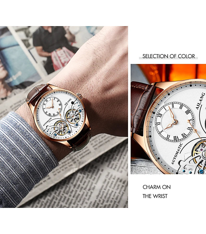 AILANG Brand New Fashion Double Tourbillon Watch for Men Luxury Stainless Steel Waterproof Automatic Mechanical Watches