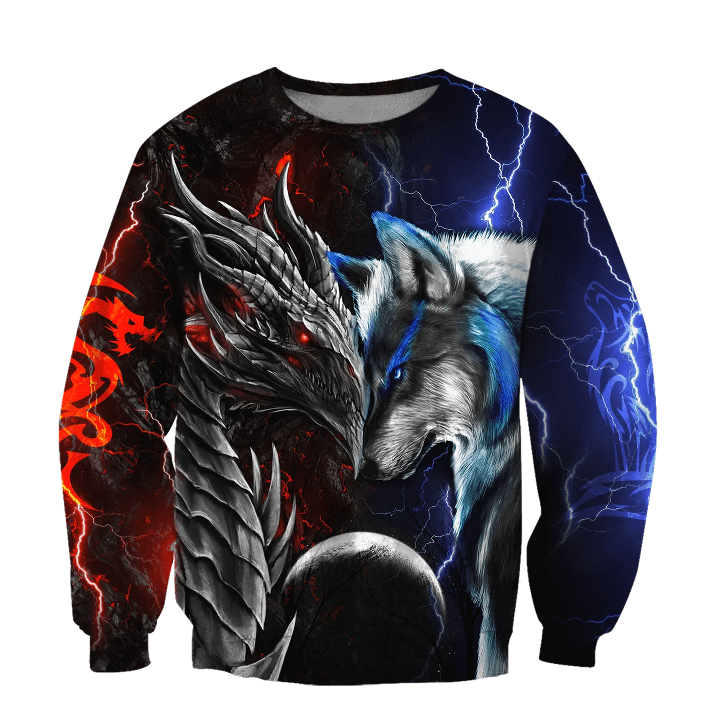 Sweatshirt com capuz de outono para homem, estampado 3D com dragão e lobo vermelho e azul, unissexo, estilo streetwear casual, casaco com fecho, pullover KJ494