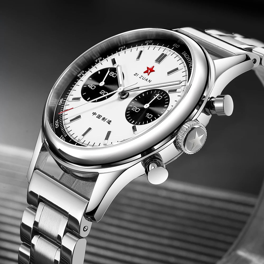 Red Star Panda Men's 1963 Chronograph Mechanical Wristwatch Seagull ST1901 Movement Gooseneck 40mm Luminous Sapphire Pilot Watch