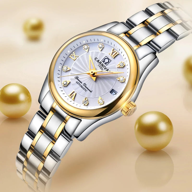 Reloj de pulsera mecánico para mujer de la marca CARNIVAL: modelo elegante, movimiento automático, cristal de zafiro, resistente al agua.