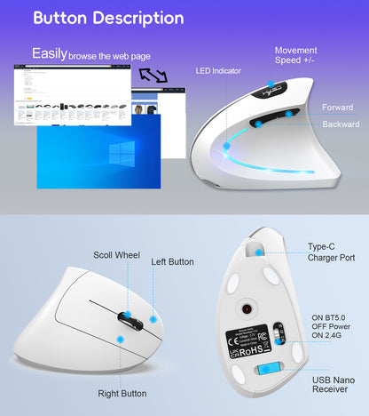 Dual Mode Vertical Mouse 2.4G Wireless Gaming Mouse Ergonomic Bluetooth Mouse 2400DPI Rechargeable Silent Mice for PC Laptop