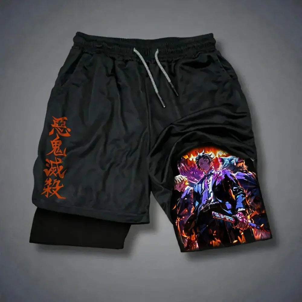 Anime Demon Slayer Gym Shorts Men Quick Dry Pants Double-layer 2-in-1 Shorts Y2K Sportswear Summer 2026 Breathable Streetwear