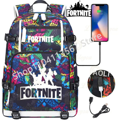 Mochila Yule Trooper F-Fortnited Battle Royale com carregamento USB, figuras anime e compartimento para material escolar para estudantes