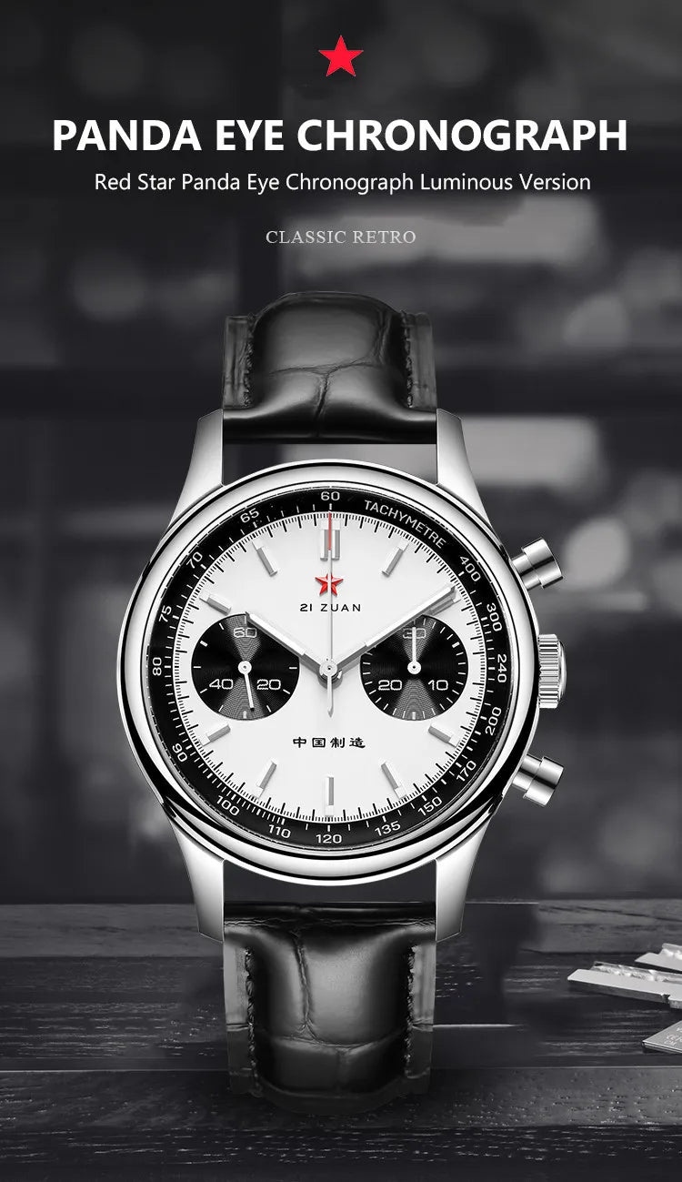Red Star Panda Men's 1963 Chronograph Mechanical Wristwatch Seagull ST1901 Movement Gooseneck 40mm Luminous Sapphire Pilot Watch