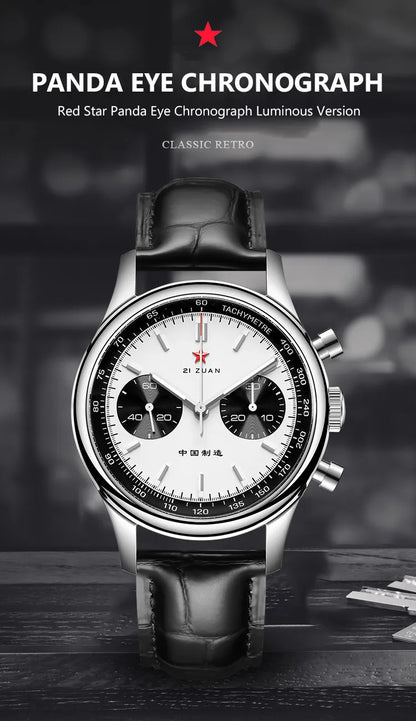 Red Star Panda Men's 1963 Chronograph Mechanical Wristwatch Seagull ST1901 Movement Gooseneck 40mm Luminous Sapphire Pilot Watch