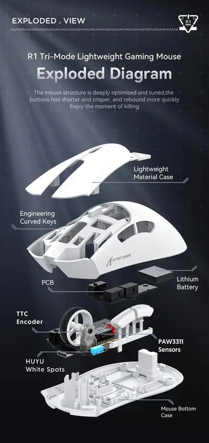ATTACK SHARK R1 59g Ultra-Light Mouse with PAW3311, 18000 DPI, 400 IPS, 40G, 1000Hz, Tri-Mode, Broadcom BK3633 Master, 20 Million Times