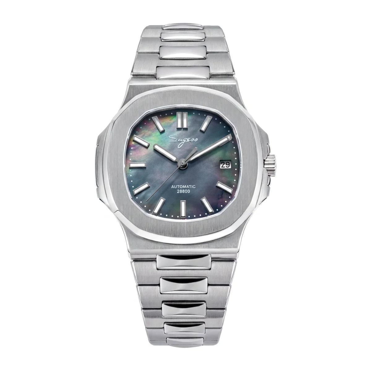 Sugess Herrenuhr, automatische mechanische Armbanduhr, Miyota 9015 Uhrwerk, MOP-Zifferblatt, Leuchtfunktion, wasserdicht bis 5bar, Luxus-Armband S466