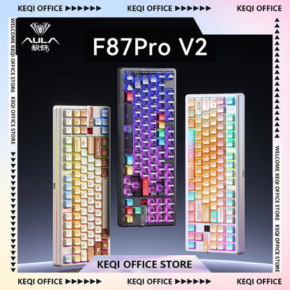 Teclado Mecânico AULA F87 Pro V2, 3 Modos Sem Fios, Bateria de Longa Duração 12000mAh, Hot-Swap, RGB Personalizável, Teclado E-Sports para PC Gaming