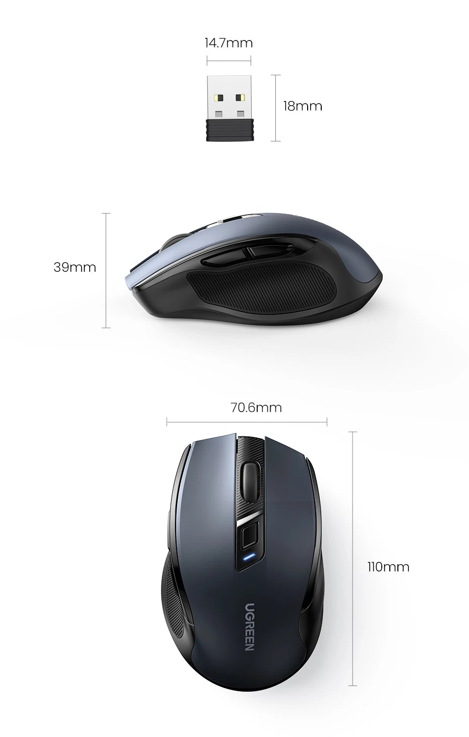 Ratón inalámbrico UGREEN Bluetooth 5.0 ergonómico 4000DPI con 6 botones silenciosos para MacBook, tabletas, portátiles, ordenador PC y conexión 2.4G