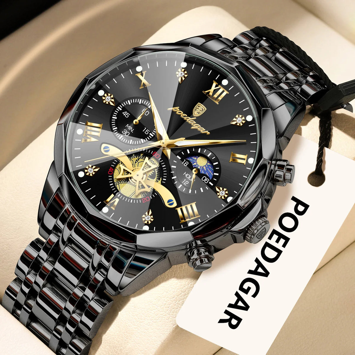 Original luxury POEDAGAR men’s watch, water-resistant, luminous chronograph, stainless steel quartz wristwatch, high-end men’s watches
