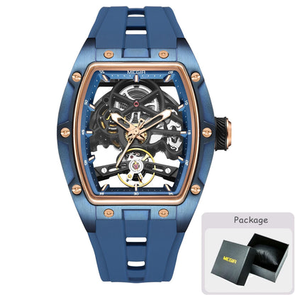 MEGIR men’s mechanical watch, tonneau shape, open-worked skeletonised dial, sporty style, silicone strap, luxury automatic watch