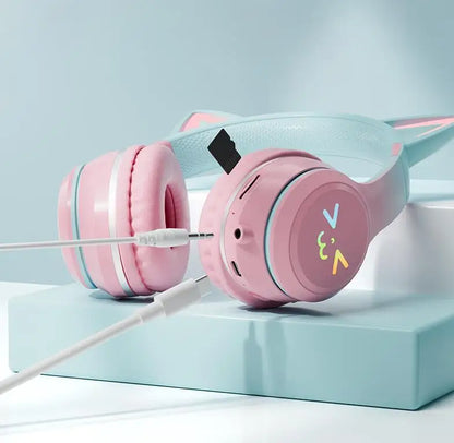 RGB Cat Ear Wireless Bluetooth Headphones for Kids & Girls – LED Light Stereo Gaming Headset with Microphone