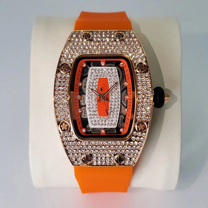 Luxury Diamond Watch For Women Elegant Tonneau Original Design Watches Fashion Ice Out Sport Rubber Strap Waterproof Mille Clock