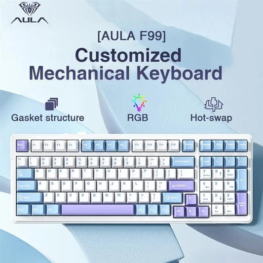 Teclado mecánico gaming Aula F99 de 99 teclas, tres modos: 2.4g inalámbrico, Bluetooth y cableado, hot swap, PBT, gasket y RGB para juegos y escritura