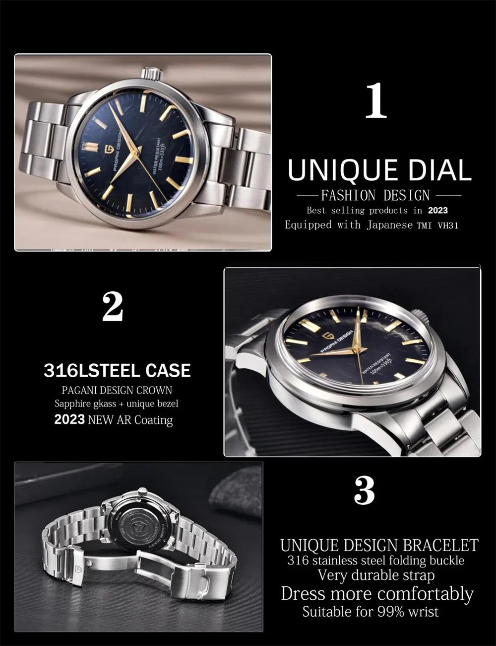 Relógio masculino PAGANI DESIGN 40MM com mostrador de meteorito, quartzo, luxo business, safira, aço inoxidável 316L, resistente à água 100M