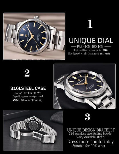 Relógio masculino PAGANI DESIGN 40MM com mostrador de meteorito, quartzo, luxo business, safira, aço inoxidável 316L, resistente à água 100M