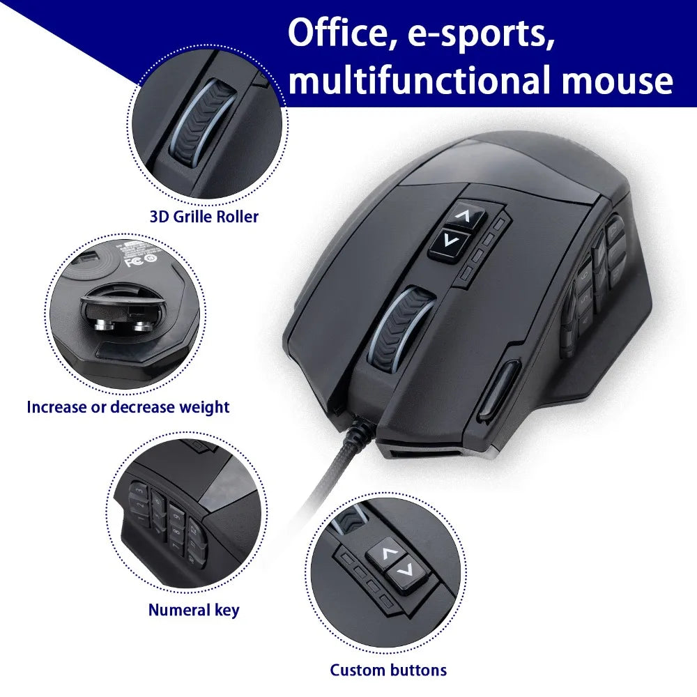 E-YOOSO X-39 programmierbare Gaming-Maus, kabelgebundene RGB-Maus mit 18 Tasten, 8 herausnehmbaren Gewichten, 5 DPI-Stufen, ergonomischem Griff für Computer
