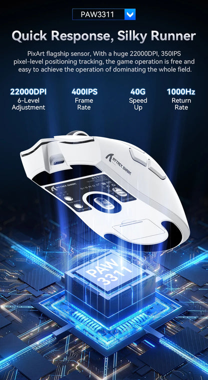 Ratón gaming inalámbrico ATTACK SHARK X11SE, trimodo, superligero de 63g con sensor PAW3311, 22000 DPI, batería de 300mAh, doble controlador