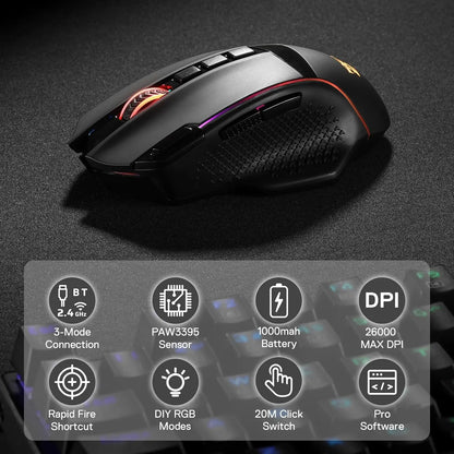 Ratón gaming inalámbrico Redragon M991, 26000 DPI, 3 modos, 9 botones macro, retroiluminación RGB, negro