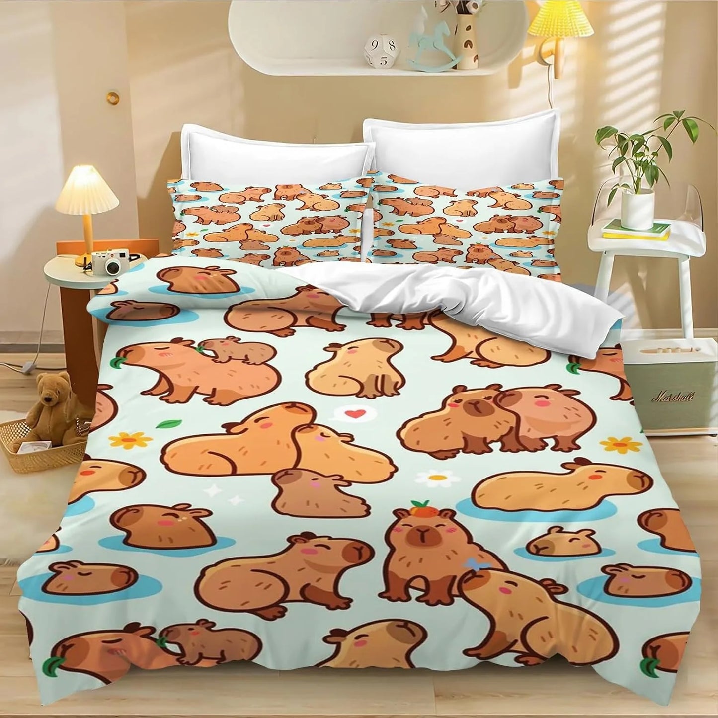 4-teiliges Cartoon-Capybara-Bettwäsche-Set mit Bettbezug und Kissenbezug, Capybara-Bettwäsche für Erwachsene, Jungen und Mädchen, Schlafzimmerdekoration für Kinder, Einzel- und Doppelgröße