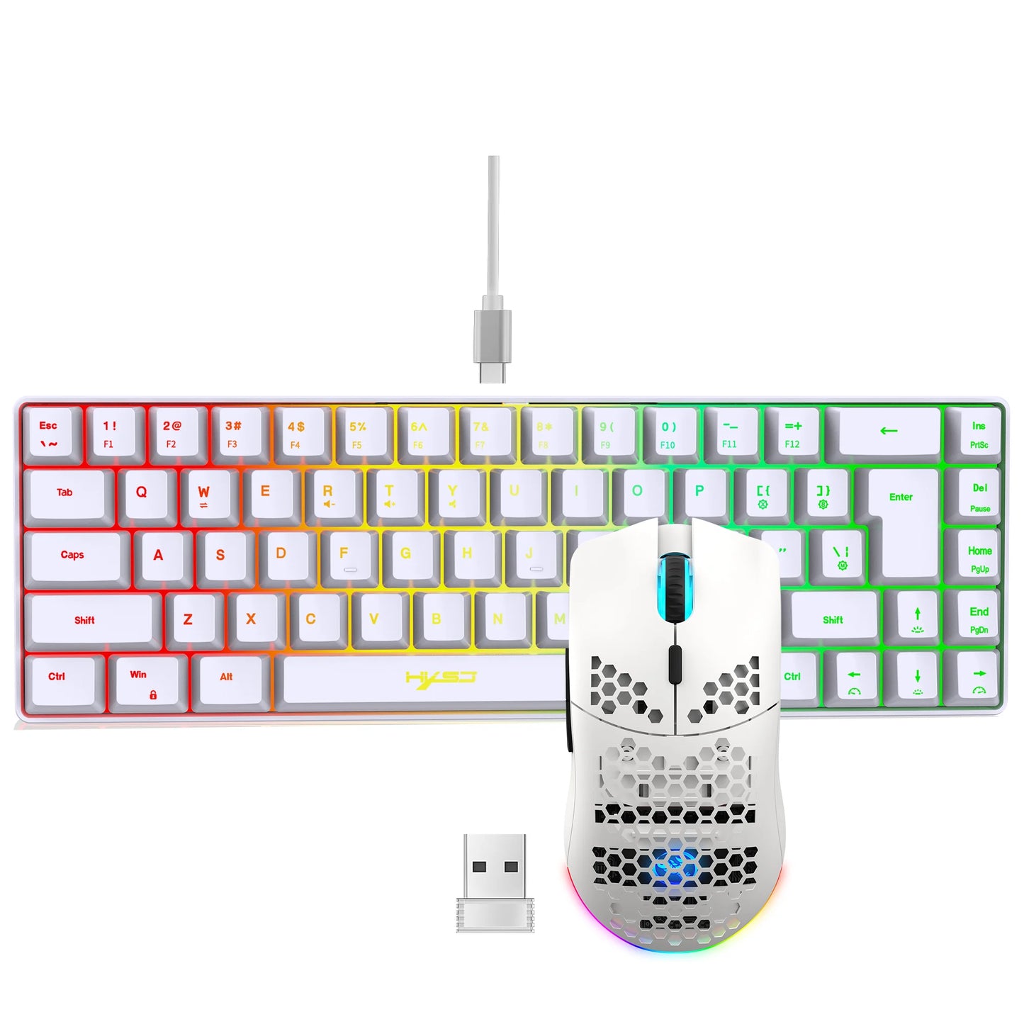 Set gaming portatile HXSJ 60% RGB con tastiera e mouse, tastiera a membrana cablata 68 tasti e mouse wireless leggero a 3 modalità per PC Mac