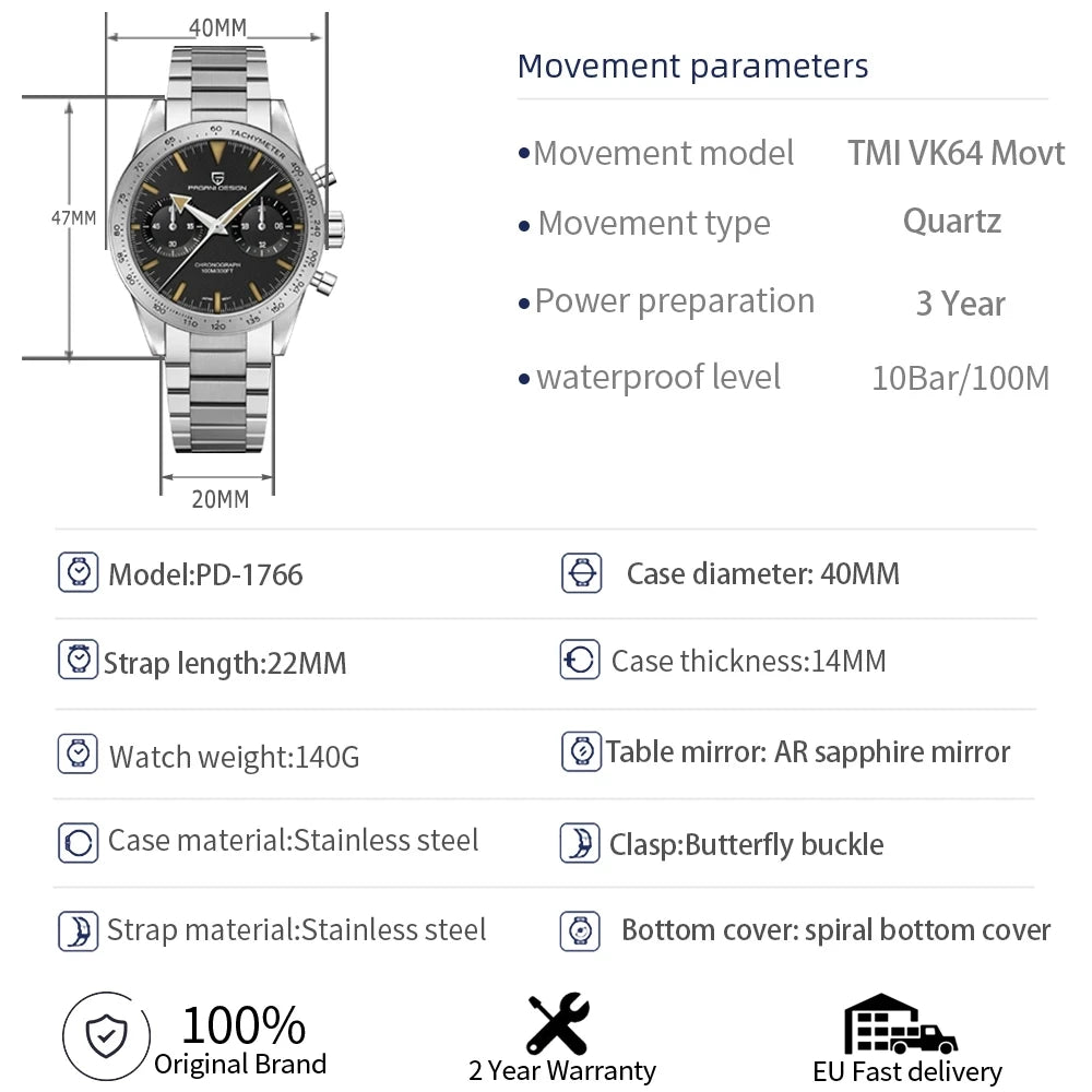 PAGANI DESIGN New 2026 Retro Luminous Moon Watch men Quartz speed Sport Chronograph AR Sapphire mirror VK64 Steel Men's Watches