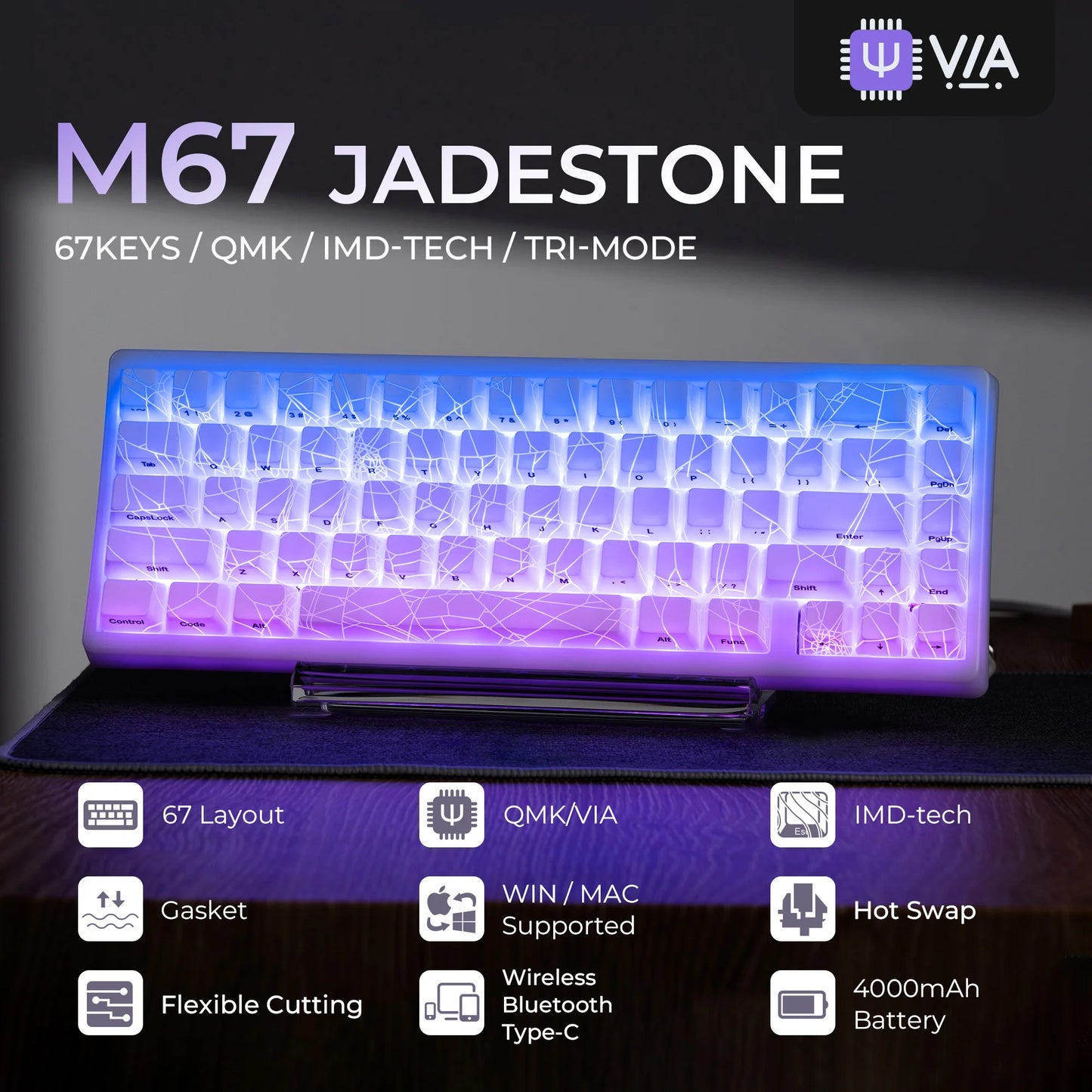 Tastiera XVX Spider Web M67 JadeStone con keycap IMD-Tech, connessione tri-mode, retroilluminazione RGB personalizzata, formato 60%