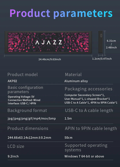 Ajazz AKP02 Aluminum Alloy 9.2-Inch DIY Universal Secondary Screen with Various Customizable Designs Suitable for Windows 7