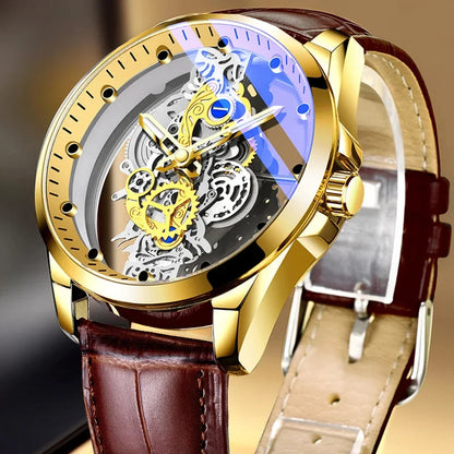 Divatos férfi karóra, kettős nyílású modell, luxus arany színű kivitel, mechanikus tourbillon-utánzat, kvarc szerkezet.