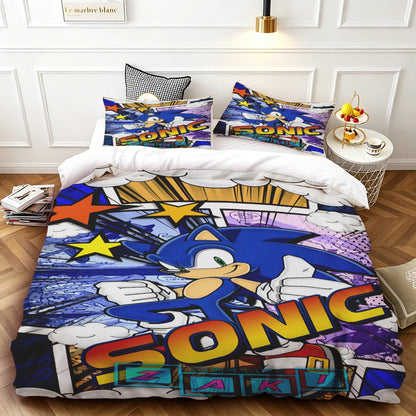 Cartoon Duvet Cover Set , Washable Cotton Bedding – S-Sonic-S The H-Hedgehog Movie Theme Student Bedroom Decor for All Seasons
