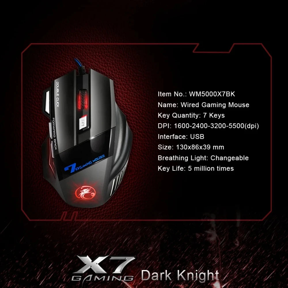 Mouse da gaming cablato per gamer, mouse per computer ergonomico con retroilluminazione RGB silenziosa, LED, 7 pulsanti, USB, per PC desktop