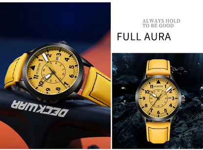 OCHSTIN Mens Fashion Luxury Mechanical Automatic Skeleton Watch Transparent Back Cover Creative Design With Yellow Calendar Dial